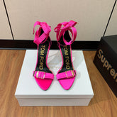 ANKLE SANDAL 10 CM IN BRIGHT PINK SILK AND SHEEPSKIN